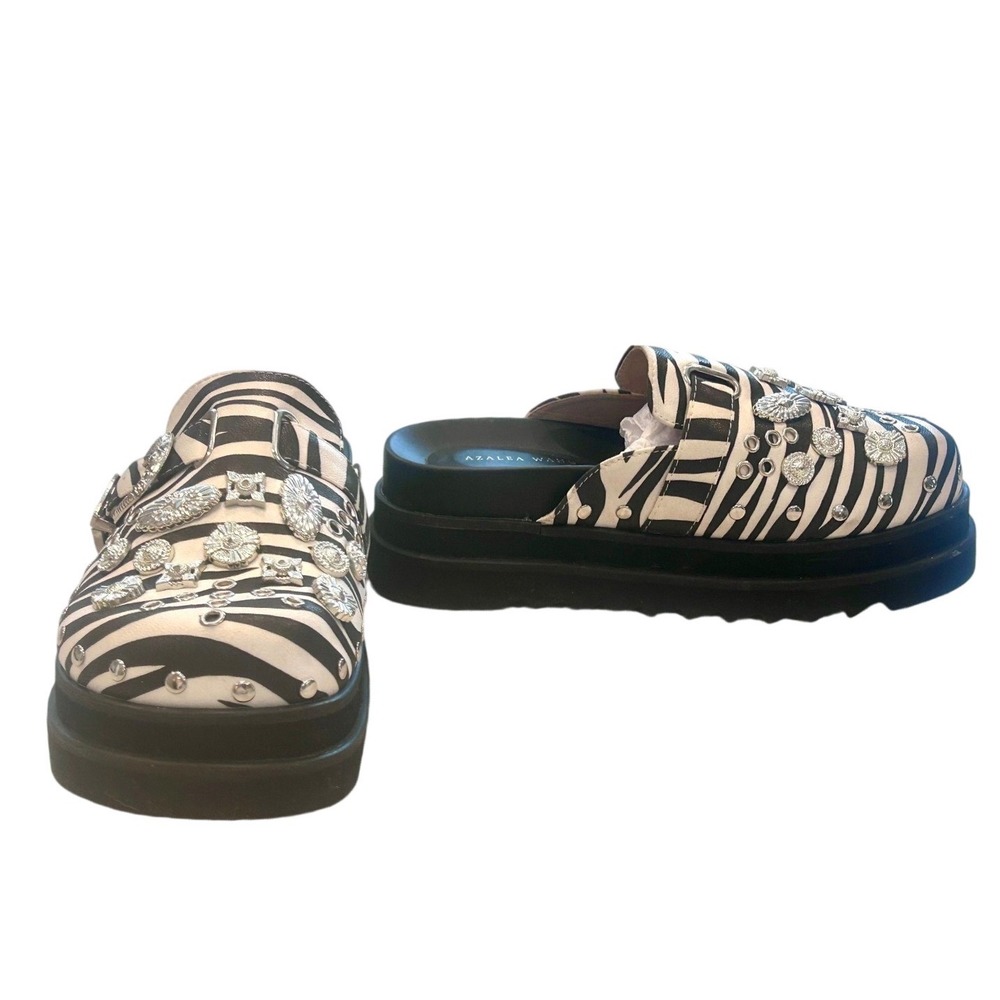 Azalea Wang Zebra Print Embellished Platform Clogs Mules RhinestoneSilver Buckle - Picture 2 of 6